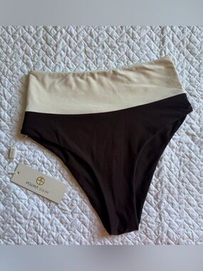 NWT: POEMA SWIM Two-Tone High Waist Bikini Bottom - Brown & Cream